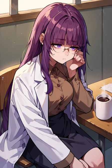 score_9, score_8_up, score_7_up, score_6_up, source_anime, 1girl, solo, <lora:eta-pdxl-nvwls-v1:1> eta, purple hair, blunt bangs, long hair, medium breasts, white labcoat, brown shirt, collared shirt, glasses, black skirt, sitting, chair, desk, tired, coffee mug