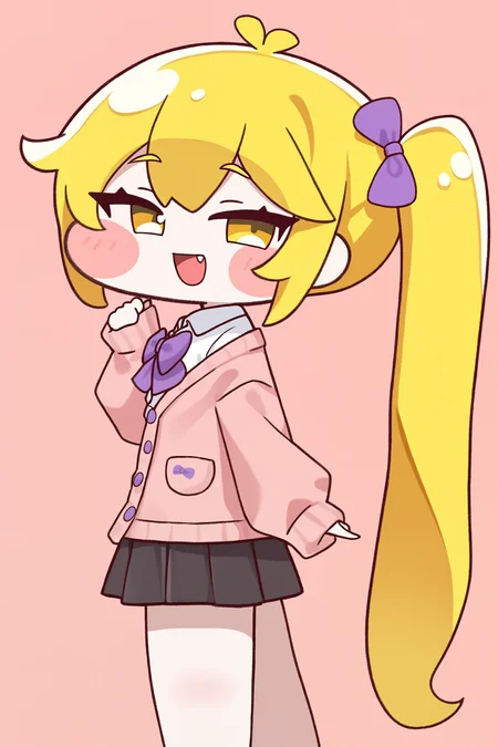 (trickcalcg), (chibi, chibi only:1.3), blush, blush stickers, 
vocaloid, zako \(vocaloid\), akita neru, 1girl, :d, antenna hair, black skirt, blonde hair, blush, bow, cardigan, collared shirt, fang, from side, hand up, long hair, long sleeves, looking at viewer, looking to the side, pink background, pink cardigan, pleated skirt, puffy long sleeves, puffy sleeves, purple bow, school uniform, shirt, side ponytail, simple background, skirt, sleeves past wrists, smile, solo, very long hair, white shirt, yellow eyes, 
(masterpiece, best quality, absurdres, highres, newest, very awa:1.2), 