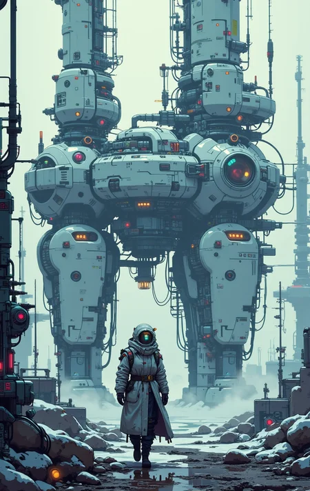 <lora:ck-nc-pastel-cyberpunk:1.1> A digital artwork in the style of cknc, A scientist walks towards the camera as he stands before Artemis Station, looking at the viewer, They wear a long, insulated trench coat made of reflective, metallic fabric that shimmers in the pale sunlight. The coat has a high collar, partially concealing their face, while their head is covered by a hood lined with futuristic gadgets—small sensors and antennas scanning the environment. Their eyes, visible beneath the hood, have a faint glow, suggesting cybernetic enhancements. Visualize Artemis Station as a towering, enigmatic structure rising from a cold, fog-laden world. The massive white spires stretch skyward, their dark metallic surfaces glistening with condensation from the mist. Each tower is adorned with intricate, glowing lines of orange and blue lights, hinting at the advanced technology within. The fog is thick at ground level, muffling sounds and creating an eerie, quiet atmosphere, while faint mechanical hums reverberate through the air. In the distance, other towering monoliths fade into the fog, creating a sense of endlessness. The lighting is soft and diffused, with occasional beams piercing through the fog from docking bays, casting long, dramatic shadows. The camera is set at ground level, looking up at the overwhelming scale of the station, emphasizing its imposing and mysterious nature.