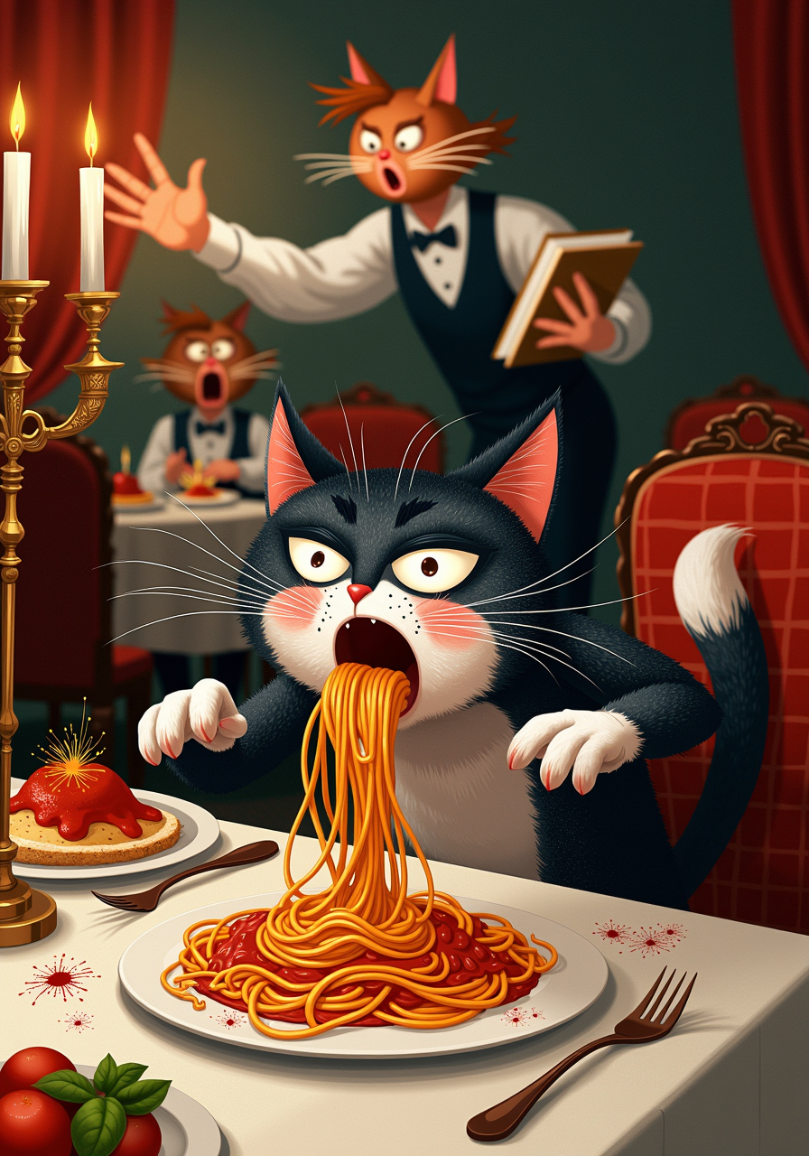 Whimsical, storybook-inspired folk art with flowing, dreamlike details., a wildly enthusiastic cat devouring a plate of spaghetti with unrelenting intensity, slurping up noodles at an impossible speed, sauce splattering everywhere; its tiny paws gripping the table edge as it leans forward, whiskers twitching frantically, eyes wide with manic determination; spaghetti strands dangling from its mouth, cheeks puffed out as it struggles to chew while inhaling more pasta; a classic Italian restaurant setting with red-and-white checkered tablecloths, dim candlelight flickering in ornate brass holders, the aroma of garlic and fresh basil in the air; an astonished waiter in the background, holding a notepad but completely frozen in disbelief, other diners staring in wide-eyed horror and fascination; pure chaotic energy, a feline force of nature against an endless plate of carbs<lora:Whimsical, storybook-inspired folk art with flowing, dreamlike details.safetensors:1.0:1.0>