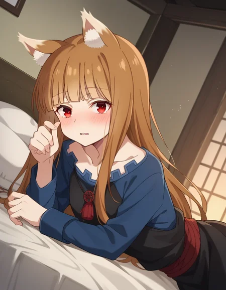 score_9, score_8_up, score_7_up, source_anime,
wolfholo, <lora:wolf-holo-alpha-ponyxl-lora-nochekaiser:1>
holo, red eyes, bangs, blunt bangs, sidelocks, animal ears, fox ears, brown hair, long hair,
dress, long sleeves, collarbone,
indoors, bed, bed room, on side, blush, drunk,
looking at viewer, cowboy shot, dutch angle,