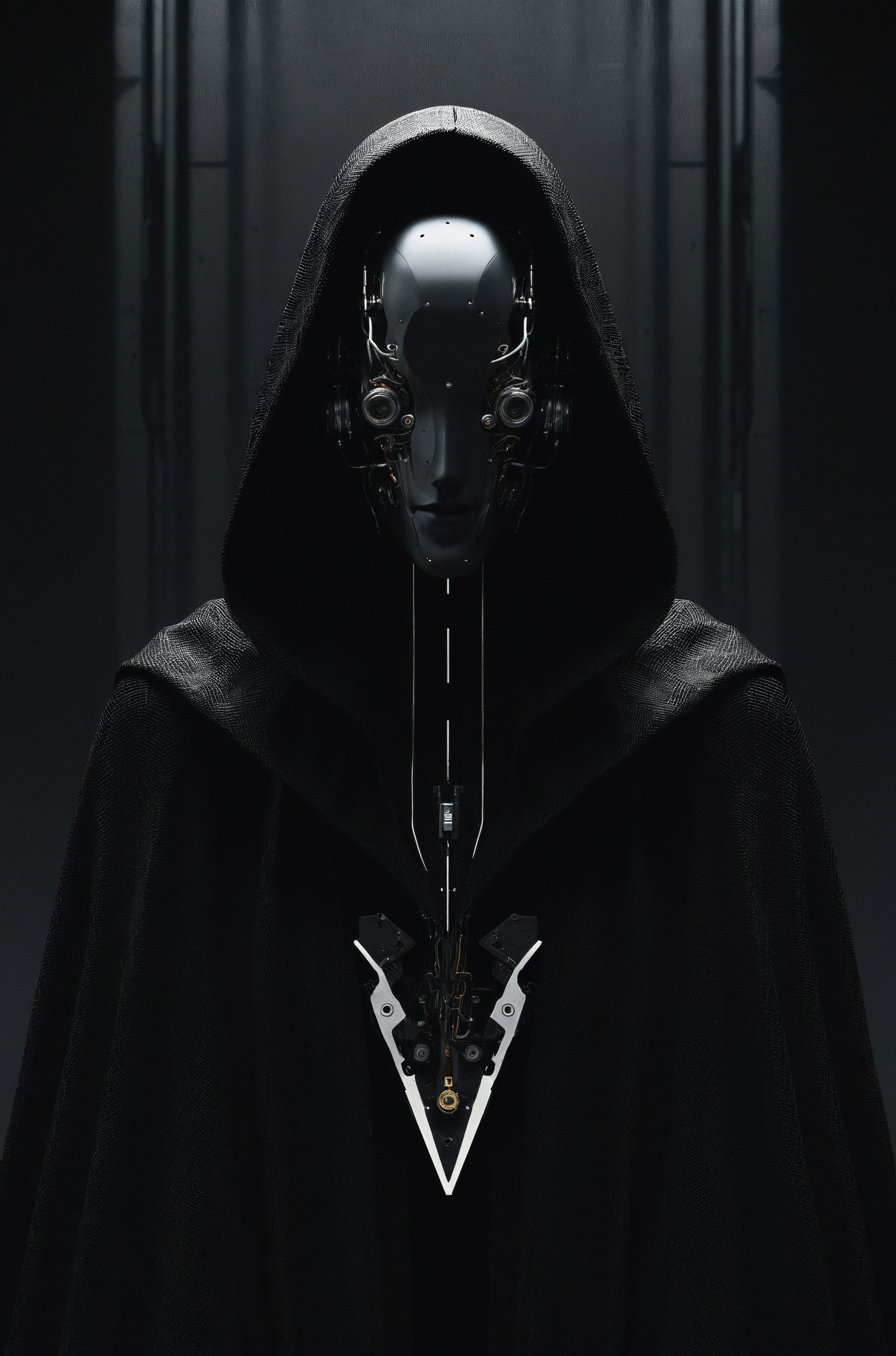 photography aesthetic,Mysterious figure clad in a cloak, robotic face obscured by shadows, intricate mechanical details suggesting advanced technology, a fusion of organic and cybernetic elements, dark and moody atmosphere, monochromatic palette predominantly black and dark grey, subtle texture variances hint the interplay of different materials, strong contrast emphasizing the silhouette and reflecting a cinematic concept art style, enigmatic presence reminiscent of sci-fi and cyberpunk themes, minimalist background focusing attention on the character, futuristic design marrying form and function in a haunting visual narrative.,high-resolution