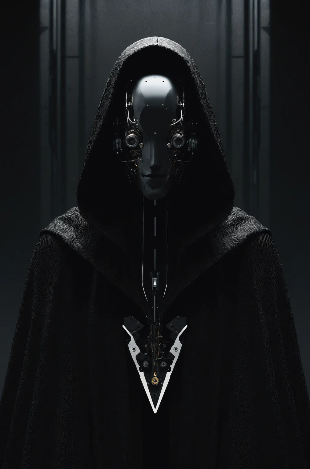 photography aesthetic,Mysterious figure clad in a cloak, robotic face obscured by shadows, intricate mechanical details suggesting advanced technology, a fusion of organic and cybernetic elements, dark and moody atmosphere, monochromatic palette predominantly black and dark grey, subtle texture variances hint the interplay of different materials, strong contrast emphasizing the silhouette and reflecting a cinematic concept art style, enigmatic presence reminiscent of sci-fi and cyberpunk themes, minimalist background focusing attention on the character, futuristic design marrying form and function in a haunting visual narrative.,high-resolution