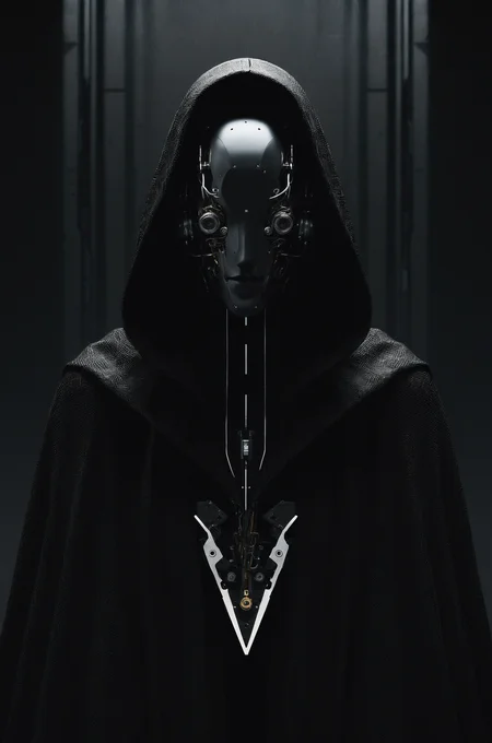 photography aesthetic,Mysterious figure clad in a cloak, robotic face obscured by shadows, intricate mechanical details suggesting advanced technology, a fusion of organic and cybernetic elements, dark and moody atmosphere, monochromatic palette predominantly black and dark grey, subtle texture variances hint the interplay of different materials, strong contrast emphasizing the silhouette and reflecting a cinematic concept art style, enigmatic presence reminiscent of sci-fi and cyberpunk themes, minimalist background focusing attention on the character, futuristic design marrying form and function in a haunting visual narrative.,high-resolution