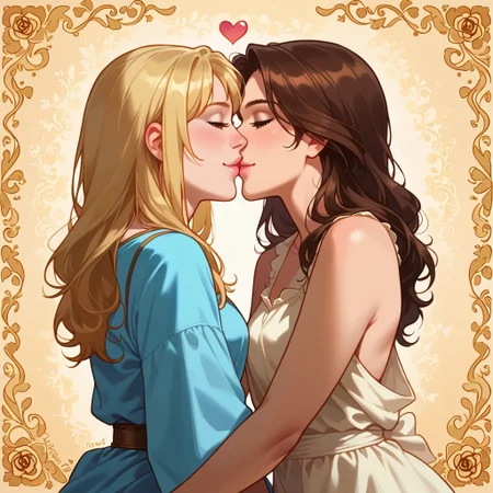 realistic, high quality, summer, 2 cute sexy beautiful female, 18 years old, snuggle, in love, tunic, cowboy shot, kneeling, looking at each other, skinny girls, firm bodys, profile, Valentine background, flickering hearts, rose, intimate, pastel colours, tints of yellow, golden outlines