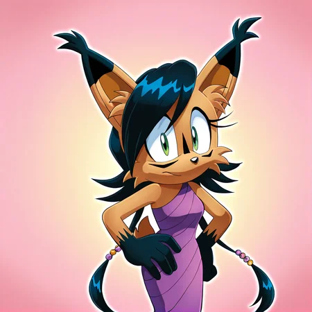 <lora:nicole_lynx_illustrious-000010:1>, (masterpiece), (best quality), (ultra-detailed), amazing quality, very aesthetic, illustration, perfect composition, intricate details, absurdres, incredibly absurdres, nicole the lynx, 1girl, long hair, looking at viewer, gloves, dress, green eyes, tail, hands on hips, retro artstyle, whiskers, sonic the hedgehog \(series\), furry, furry female, black hair, animal ears, animal nose, animal ear fluff, solo, solo focus, body fur, brown fur, facial markings