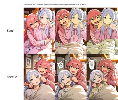 <lora:noobai_ep11_stabilizer_v0.96_fp16:0.8>2girls,tamamo \(fate\),pink hair,yellow eyes,frieren,white hair,green eyes,open mouth,pink pajamas,cheek pull,anger vein,indoors,sunlight,masterpiece,