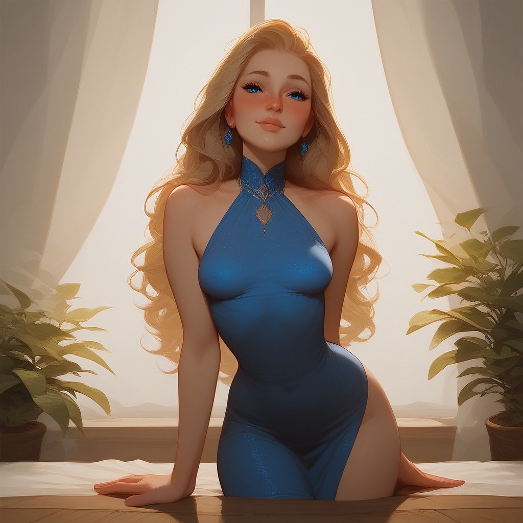 (score_9, score_8_up, score_7_up), (Amelie, blue eyes, blonde long hair, perfect body, graceful body), solo, young adult, cute face, slender, nice curves, medium breasts, natural breasts, medium ass, nose blush, hot, sexy, standing pose, face light, mouth, lips, nose,  easynegative, Expressiveh, zPDXL3, tight blue dress, midi dress, slit dress, dining room, wood floor, wood table, plants, windows, curtains, add detailed