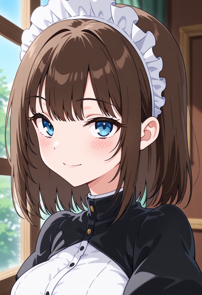 masterpiece, best quality, amazing quality, absurdres, 1girl, solo, (portrait:1.2), tsubakiww, blue eyes, brown hair, medium hair, medium breasts, maid, maid headdress, black jacket, white shirt, puffy sleeves, juliet sleeves, looking at viewer, smile, indoors, day, skindentation, detailed clothing folds, depth of field, sharp, high contrast, dynamic light <lora:Rurikawa_Tsubaki_Maid_Kyouiku_ill:0.8>