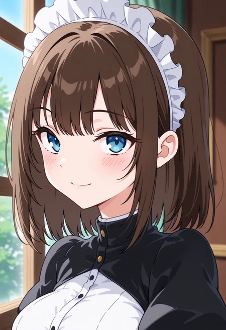 masterpiece, best quality, amazing quality, absurdres, 1girl, solo, (portrait:1.2), tsubakiww, blue eyes, brown hair, medium hair, medium breasts, maid, maid headdress, black jacket, white shirt, puffy sleeves, juliet sleeves, looking at viewer, smile, indoors, day, skindentation, detailed clothing folds, depth of field, sharp, high contrast, dynamic light <lora:Rurikawa_Tsubaki_Maid_Kyouiku_ill:0.8>