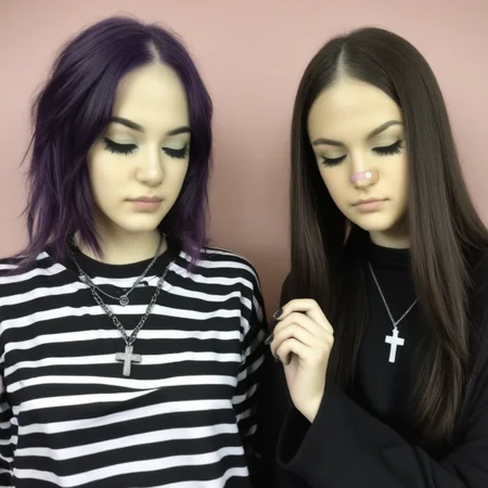 cross, sleeves past wrists, multiple girls, black nails, simple background, looking at viewer, green eyes, realistic, closed eyes, striped shirt, bandaid, necklace, purple hair
