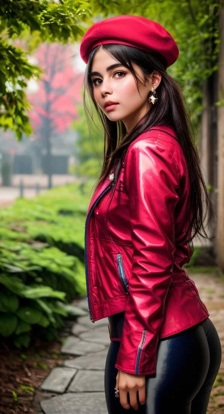 front view of a young (Chilean:1.3) woman with a pretty face, ideal facial features, detailed eyes, detailed lips, (blush:1.4), textured skin, (photorealistic:1.3), (8k, high quality, shot on Fujifilm X-T4, 1/200, f16, ISO 1250), <lora:epiCRealismHelper:0.99>, <lora:Detail Slider V2 By Stable :0.4>, <lora:picxer_real:0.2>, <lora:breastsizeslideroffset:0.4>, <lora:Sagging Breasts v1:1.4> sagging breasts, earrings, necklace, jewelry, wearing a beret, wearing detailed intricate red fur jacket, (shiny leggings:1.2), <lora:AutumnWoods:1.1> auwo, ruins, cobblestone