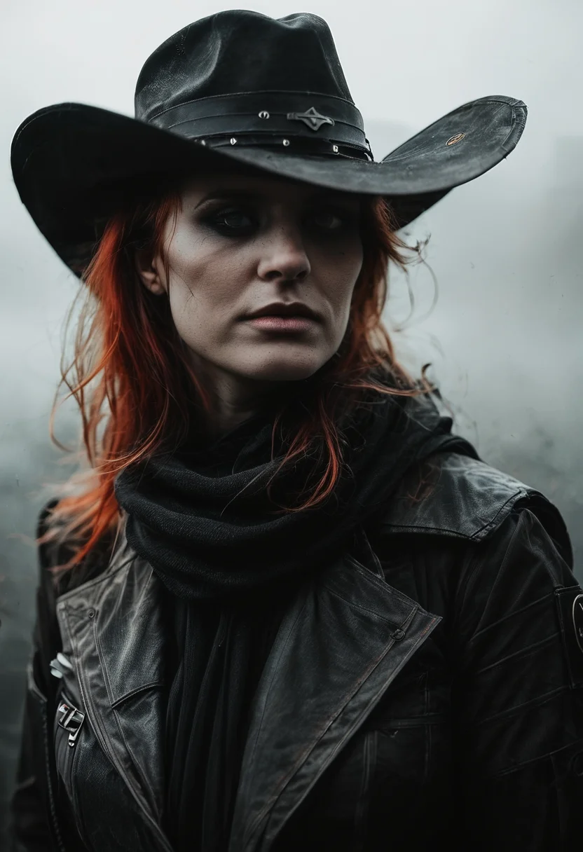 portret photo, 1girl, long red hair, wind, black cowboy hat, black scarf, science fiction, black clothes, cyborg, the villain, dark background, dark makeup, fog, mist, (1960's mood, glitchcore, moody light, analog, soft, vignetting, by Norman Parkinson, made with Beier Beirette:1.45), score_9, score_8_up, score_7_up, (photo), cinematic shot, bokeh, realistic, detailed skin textures, masterpiece, 4k, perfection, rating_explicit, photography, natural
