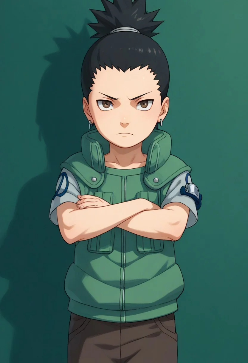 score_9, score_8_up, score_7_up, highly detailed, cute boy, 1boy, solo, young, Shikamaru_Nara, Brown Eyes, Black Hair, Ponytail, Earrings, Flak Jacket, vest, Armband, Brown Pants, Arms crossed,