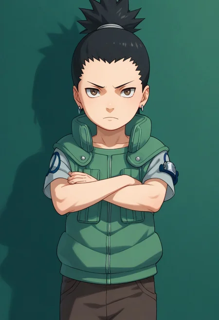 score_9, score_8_up, score_7_up, highly detailed, cute boy, 1boy, solo, young, Shikamaru_Nara, Brown Eyes, Black Hair, Ponytail, Earrings, Flak Jacket, vest, Armband, Brown Pants, Arms crossed,