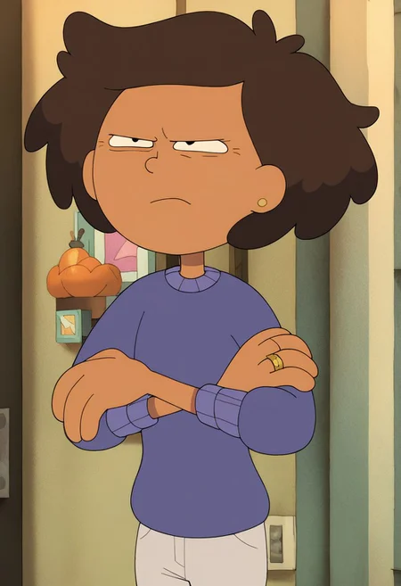 score_9, score_8_up, score_7_up, 1girl, mrs boonchuy, solo, brown hair, short hair, sweater, ring, pants, arms crossed, bedroom