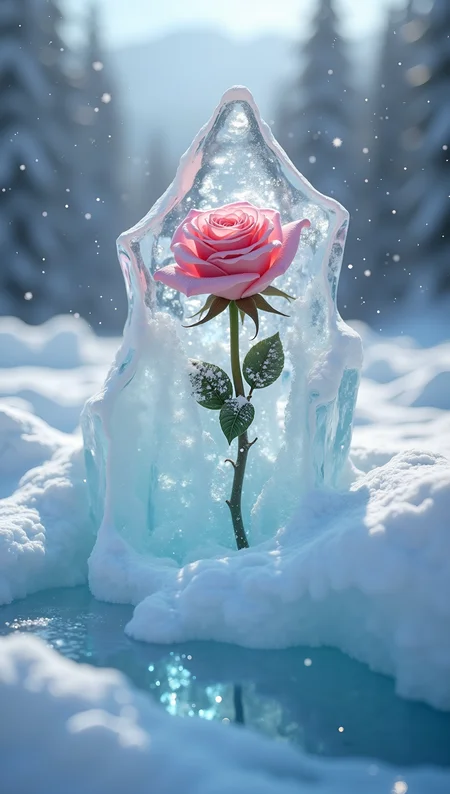 Capture a hyper-realistic snowy glacier scene, where a stunning rose ice sculpture, crystal-clear and intricately detailed, is encased in ice. Sharp, jagged edges of the ice refract subtle rainbow hues under the soft winter light, while snowflakes fall gently, adding a serene, magical atmosphere to the frozen landscape.
