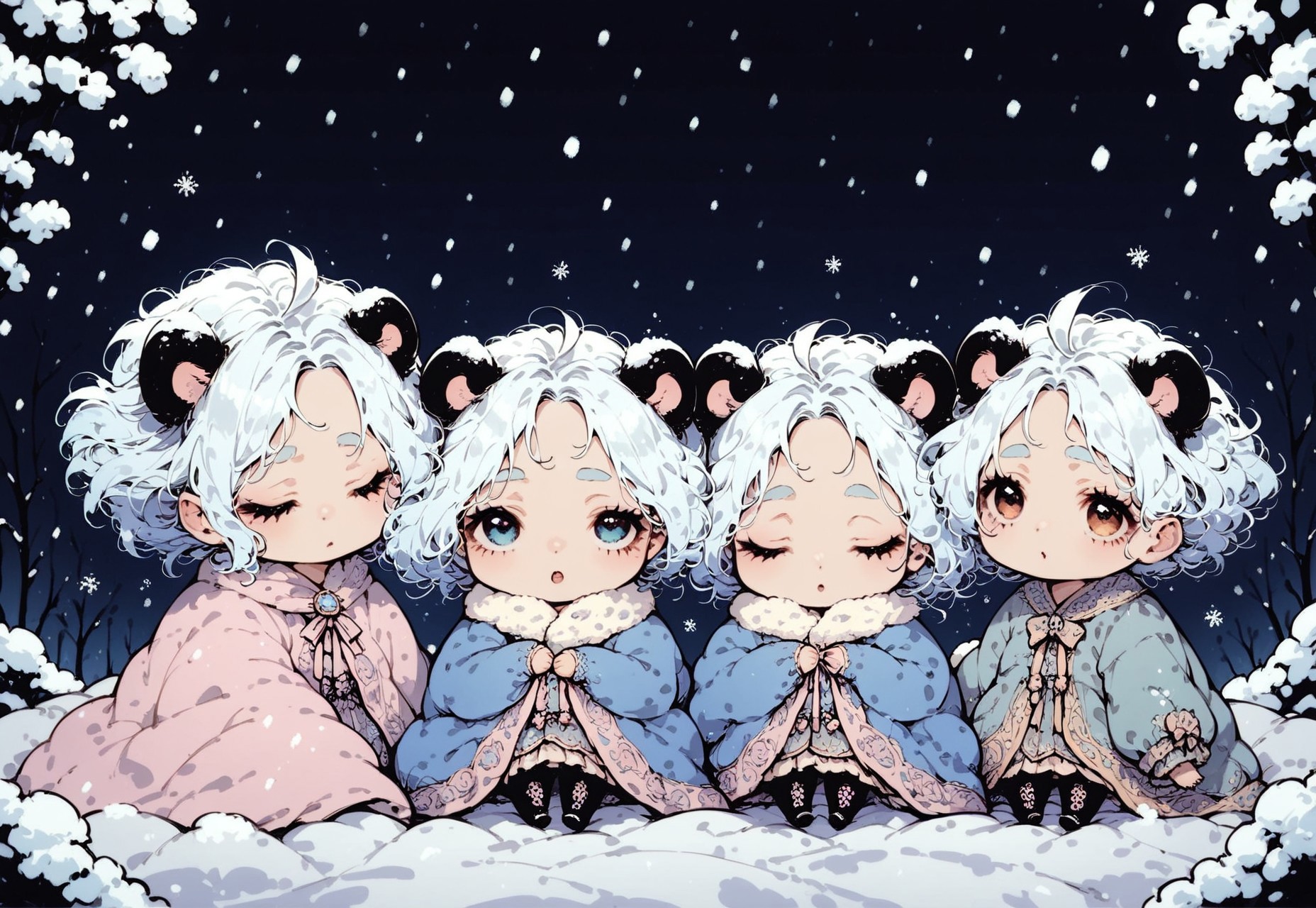 score_9, score_8_up, score_7_up, source_anime, 3girls, (ultra HD quality details), anime, slightly chibi, raccoon girls, wrapped in blanket, cuddling, tired, (rubbing one eye), looking up, yawn, cozy, :3, falling snow, snowstorm
(detailed image, high resolution, 5k resolution:1.0)