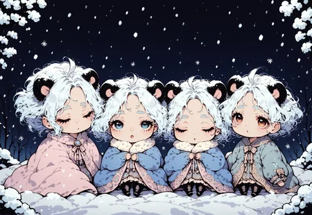 score_9, score_8_up, score_7_up, source_anime, 3girls, (ultra HD quality details), anime, slightly chibi, raccoon girls, wrapped in blanket, cuddling, tired, (rubbing one eye), looking up, yawn, cozy, :3, falling snow, snowstorm
(detailed image, high resolution, 5k resolution:1.0)