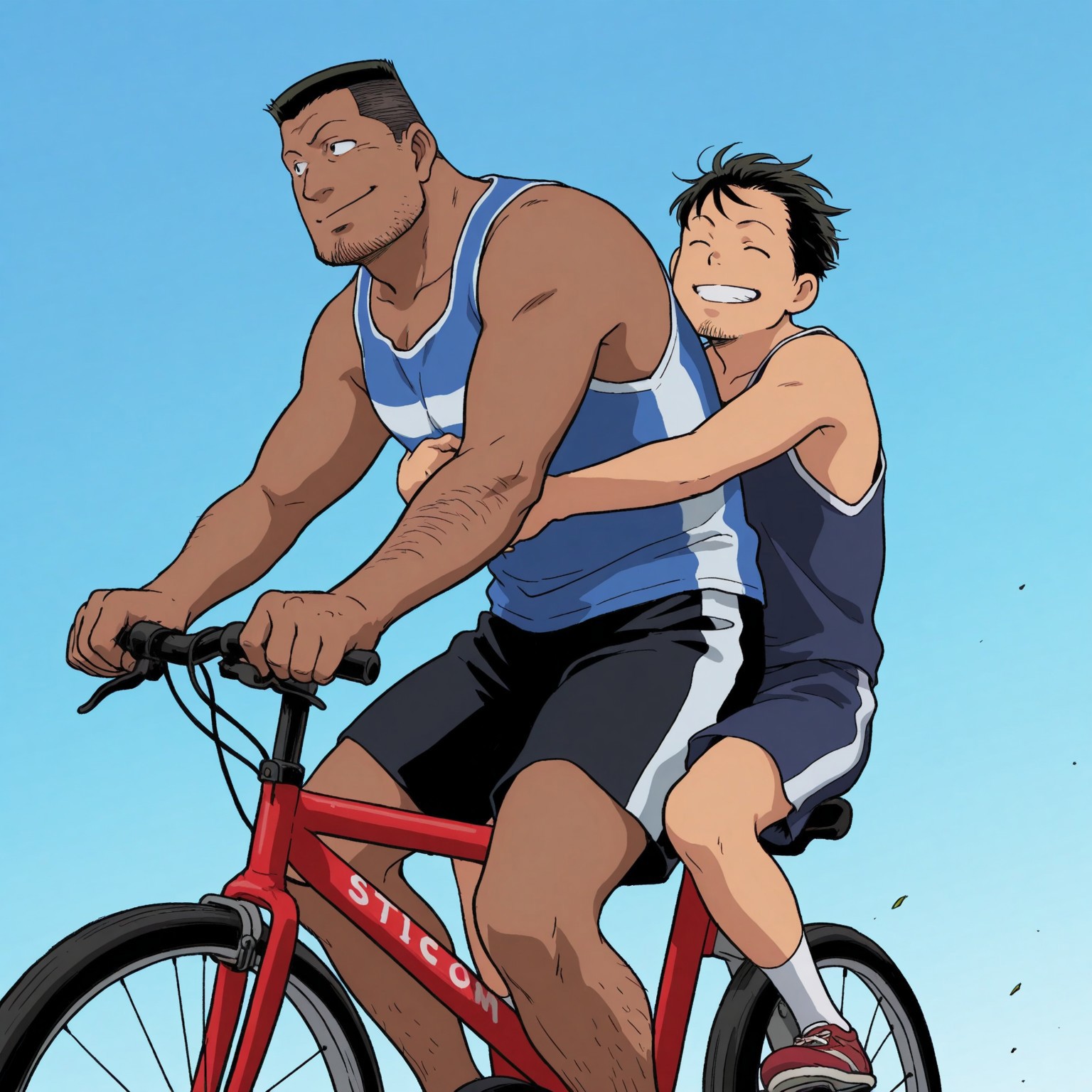 2 males, outside, from side, (1male, inspectoryuminaga, mature male, stubble, black hair, flattop, dark skin, black eyes, smiling, smirk, singlet, sport shorts, riding bicycle, (two hands at steering wheel), pedals), BREAK, (1male, 18 years old, atlethic body, sitting in back seat, happy, hugging waist), wind, blue sky, BREAK, Very awa, absolutely eye-catching, dynamic angle, cinematic angle, creative composition, BREAK ((Masterpiece :1.2)),((Best quality :1.2)),((Detailed :1.5)