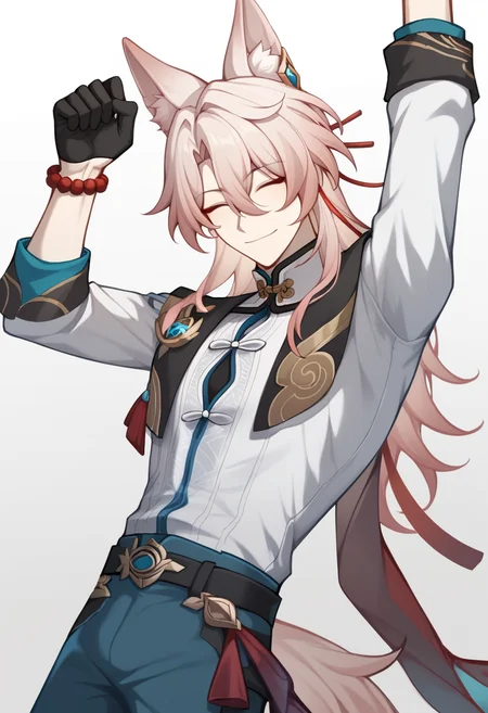 score_9,score_8_up,score_7_up,<lora:jiaoqiu:1>,jiaoqiu_(honkai:_star_rail), stretching, simple_background, solo, 1boy, white_shirt, single_glove, arms_up, cowboy_shot, pants, closed_mouth, long_sleeves, male_focus, bead_bracelet, black_gloves, smile, grey_background, white_background, belt