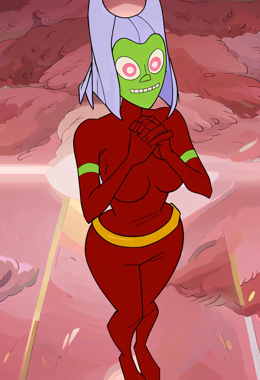 <lora:TwelveForever_ButtWitch_Pony:1.2>, butt witch \(regular\), own hands clasped, looking at viewer, twelve forever, 1girl, solo, colored skin, red bodysuit, arena, masterpiece, best quality, score_9, score_8_up, score_7_up