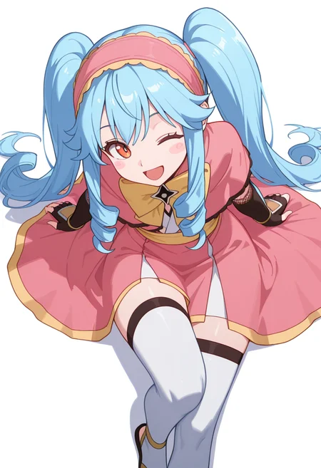 masterpiece,high quality details, absurdres,
reclining pose, one leg crossed over the other, arm draped over backrest, calm demeanor, ,
<lora:Michiru_Kusagakure:0.8>
michiru_cnr, 1girl, blue hair, long hair, twintails, drill hair, sidelocks, orange eyes, blush stickers,
long dress, pink capelet,fingerless gloves, elbow gloves, white thighhighs, hairband, yellow bow,yelow armlet, ninja,, ;d,, simple background, white background, from above,solo,