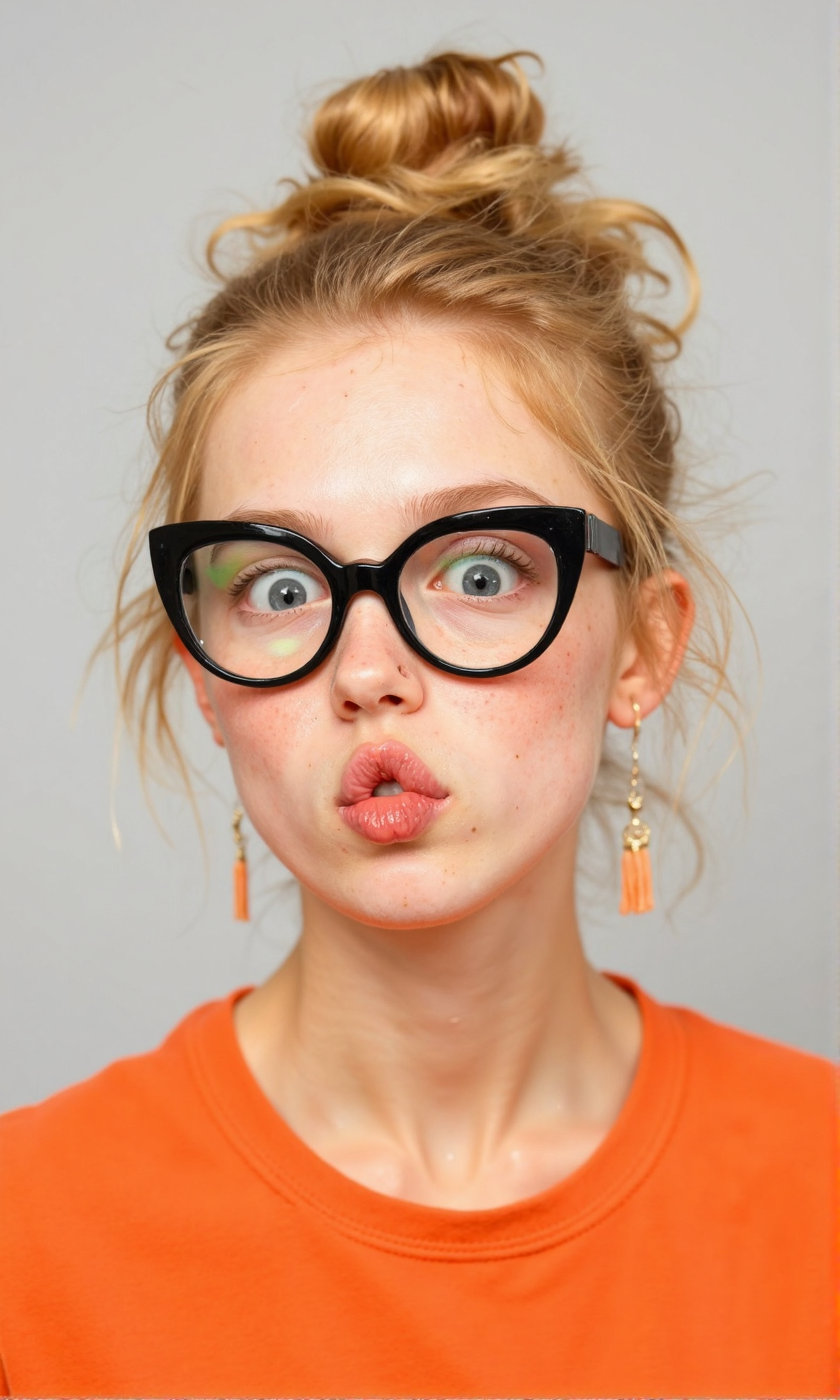 Close-up portrait of a young woman with light blonde hair styled in a messy bun. 
She is wearing black, cat-eye-shaped eyeglasses.  Her lips are puckered in a kiss. Her expression is playful and slightly mischievous.
The woman has fair skin and light makeup.
Her skin tone appears smooth and even. 
She is wearing a vibrant orange-colored t-shirt or top. The orange color is a rich tone. 
The background is a plain, light gray or white, which provides a neutral backdrop that allows the subject to stand out. The lighting is soft and diffused, illuminating her face and hair evenly. The focus is primarily on her face and upper body, drawing the viewer's attention to her facial expression and stylish eyeglasses., <lora:FLUX-daubrez-DB4RZ-v2:0.9> DB4RZ, DB4RZ style painting, <lora:ImpurePores:0.85> xlr_skin,