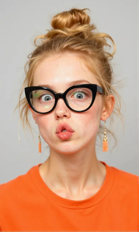 Close-up portrait of a young woman with light blonde hair styled in a messy bun.
She is wearing black, cat-eye-shaped eyeglasses. Her lips are puckered in a kiss. Her expression is playful and slightly mischievous.
The woman has fair skin and light makeup.
Her skin tone appears smooth and even.
She is wearing a vibrant orange-colored t-shirt or top. The orange color is a rich tone.
The background is a plain, light gray or white, which provides a neutral backdrop that allows the subject to stand out. The lighting is soft and diffused, illuminating her face and hair evenly. The focus is primarily on her face and upper body, drawing the viewer's attention to her facial expression and stylish eyeglasses., <lora:FLUX-daubrez-DB4RZ-v2:0.9> DB4RZ, DB4RZ style painting, <lora:ImpurePores:0.85> xlr_skin,