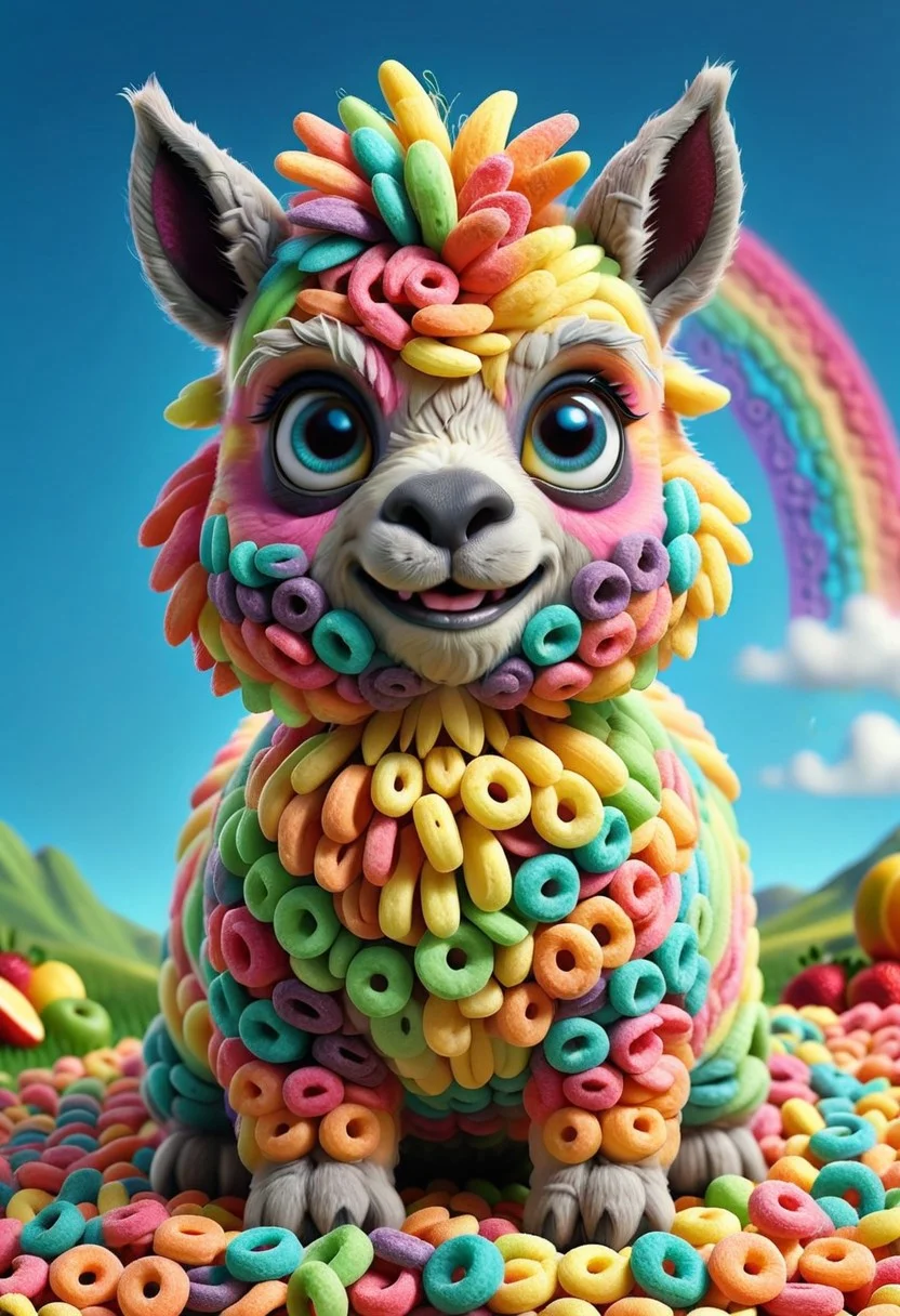 a cute chibby alpaca mixed with a donkey with big rainbow eyes made made of fruit loops, very detailed, 4k, sharp