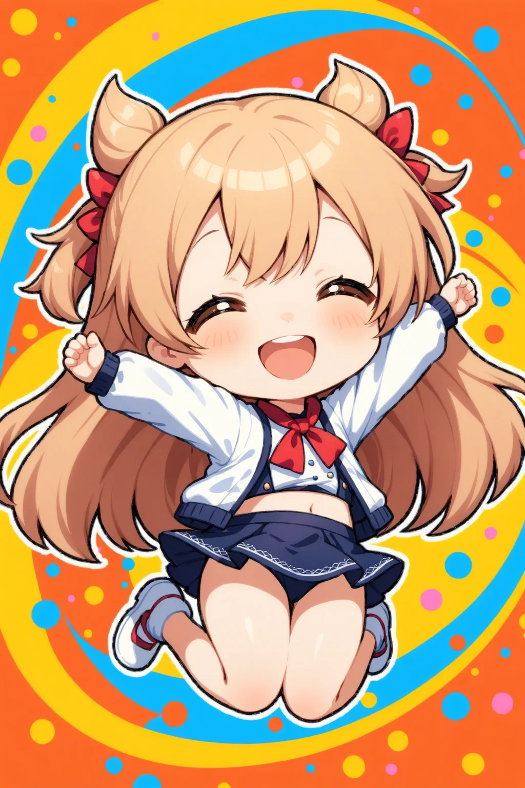 1girl, solo, chibi, happy, jumping, colorful pop background