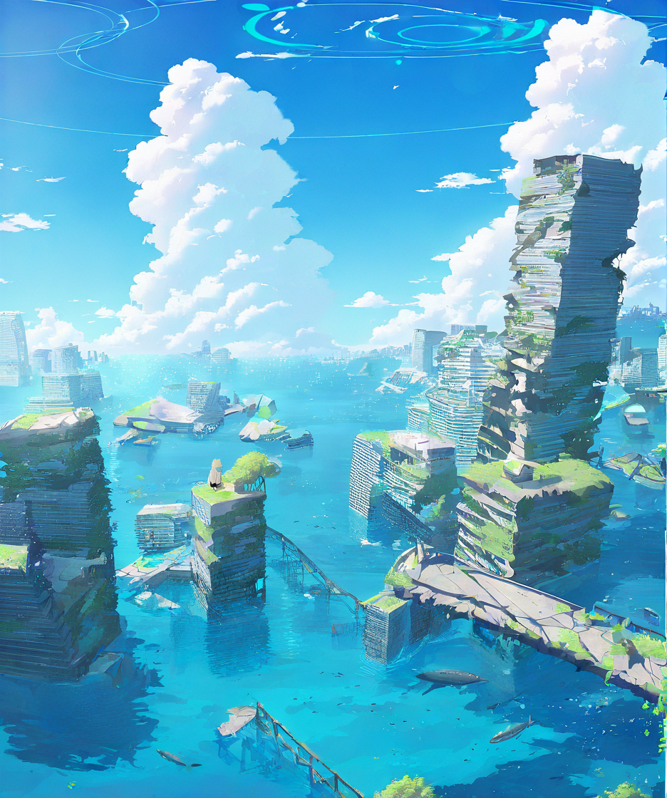 1girl,nonomi \(blue archive\),scenery,building,city,water,cityscape,sky,outdoors,cloud,cloudy sky,bridge,day,ruins,skyscraper,blue sky,ocean,tower,tree,fish,masterpiece, best quality, very aesthetic, absurdres, <lora:Submerged ruins-NAI:0.8>,