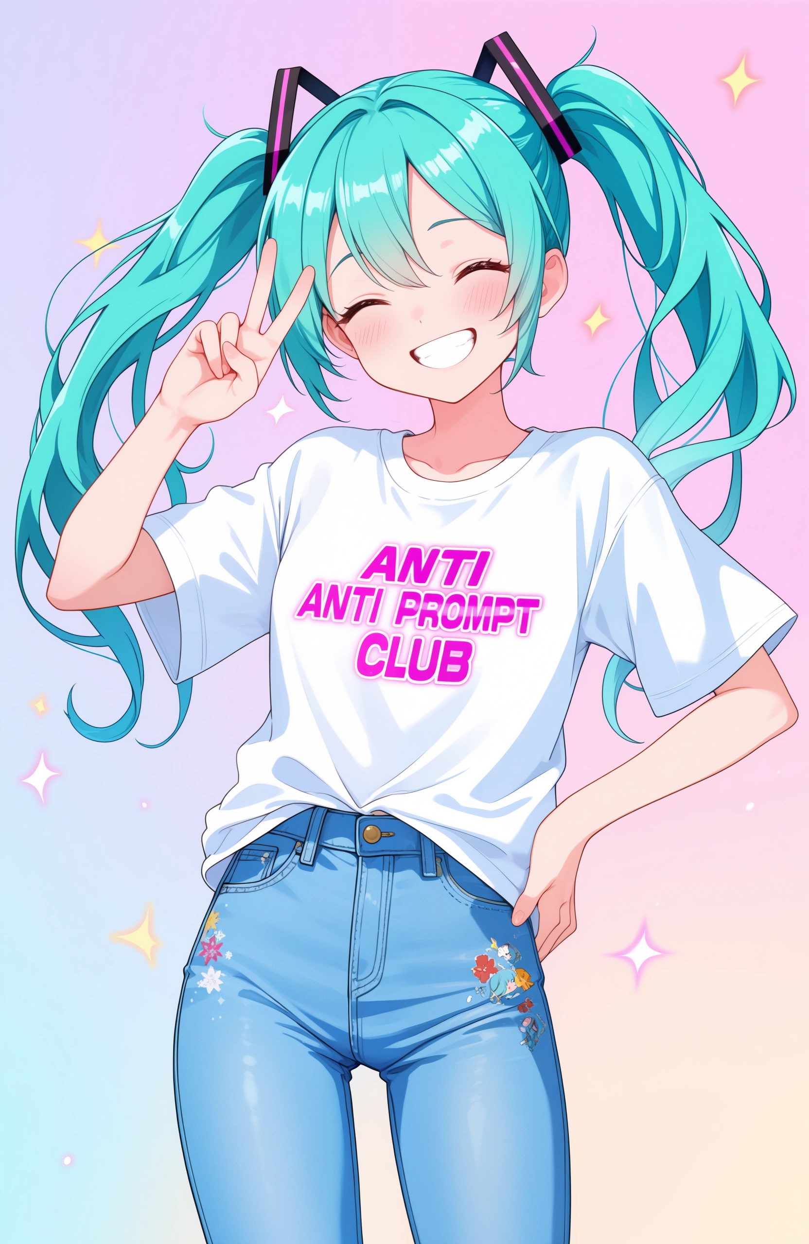lazympos, 1girl, one eye closed, solo, shorts, long hair, twintails, smile, shirt, navel, v, ahoge, denim, denim shorts, open mouth, white shirt, looking at viewer, clothes writing, collarbone, cowboy shot, short shorts, ;d, blush, short sleeves, aqua hair, midriff, hair between eyes, hand up, blue shorts, aqua eyes, teeth, very long hair, blue hair, white background, english text, upper teeth only, t-shirt, thighs, hair ornament, contrapposto, standing