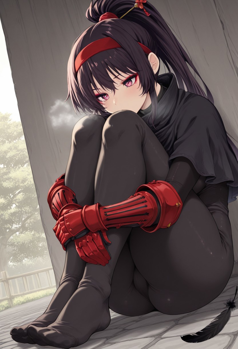 nusmusbim,  outdoors, undershirt, falling feathers, black bodysuit, hair stick, hugging own legs, , gauntlets,   eyeshadow,   red gloves,  high ponytail,  , black capelet, red hairband, pink eyes, 1girl, solo, feet, visible breath,   dynamic angle, foreshortening, smell, steam,