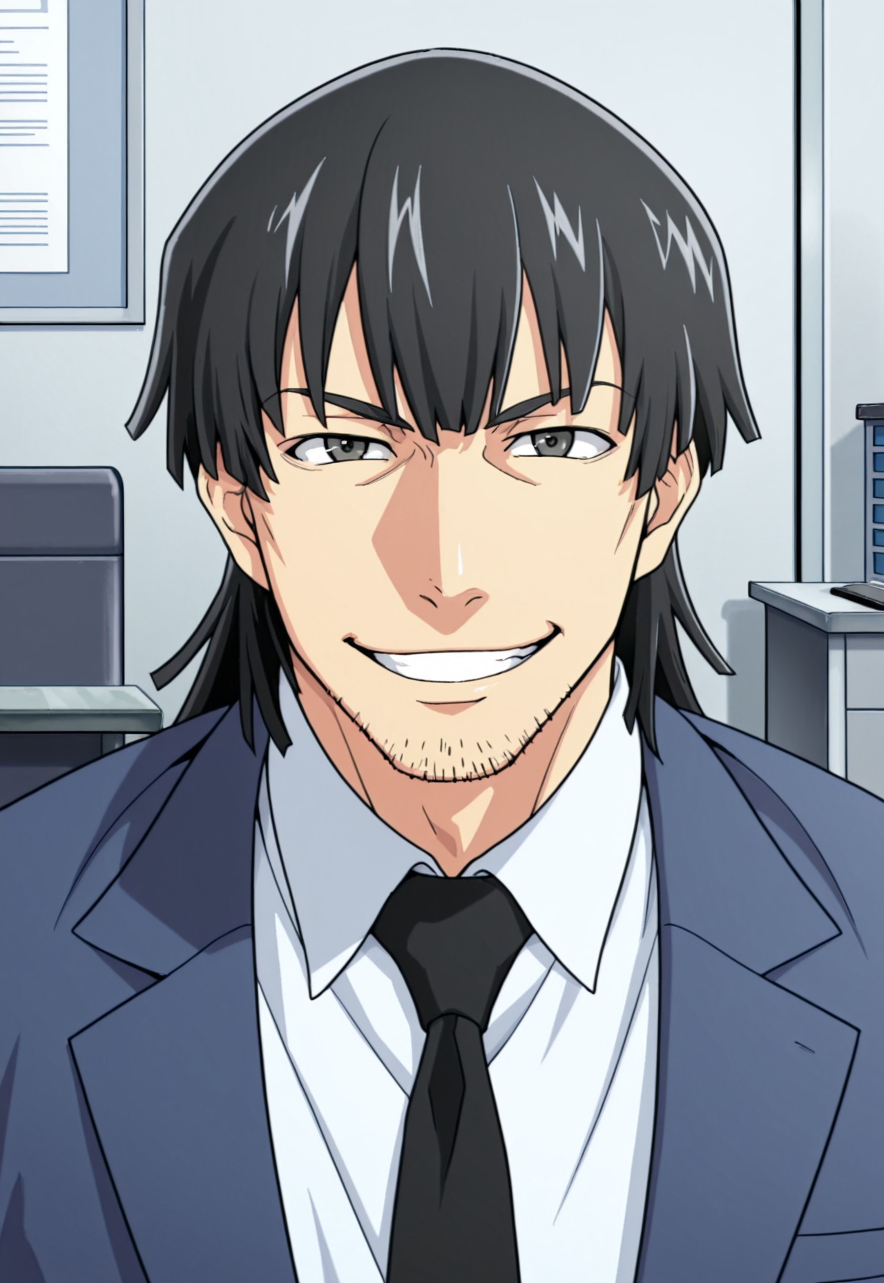 solo, masterpiece, detailed, ultra hd, best quality, 1boy, male, official art, w0lfc0nf, modern, new

FDKurusu, black hair, stubble, black necktie, suit, white shirt, portrait, headshot, looking at viewer, smiling, office, desk, police station