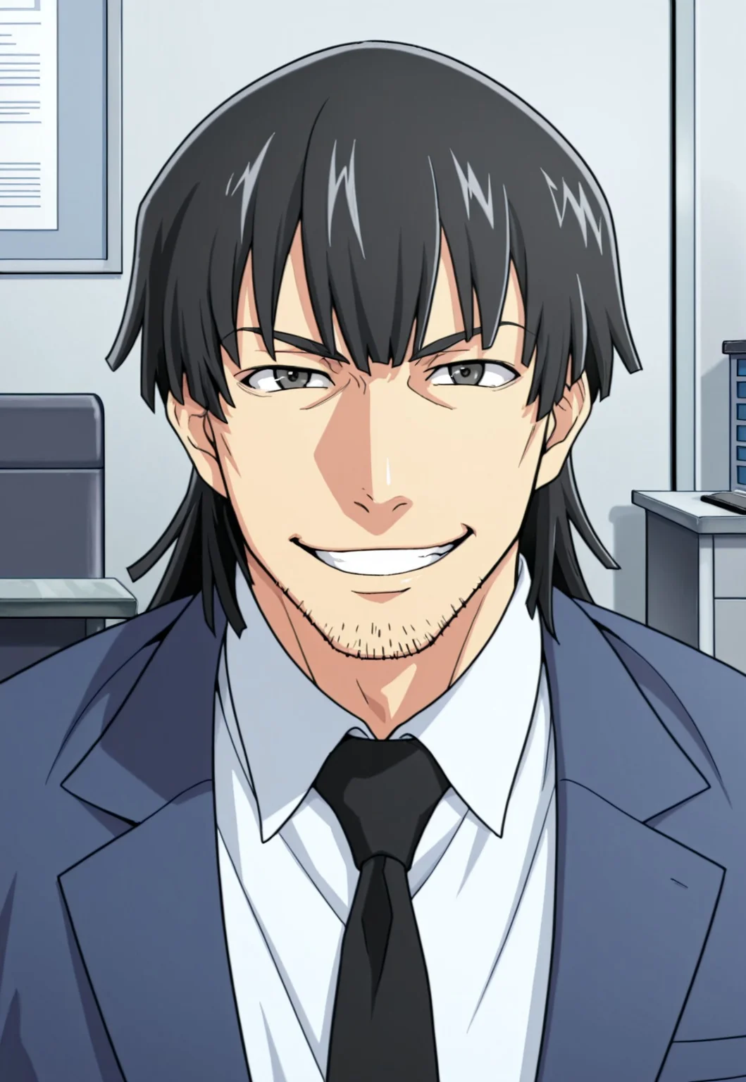 solo, masterpiece, detailed, ultra hd, best quality, 1boy, male, official art, w0lfc0nf, modern, new
FDKurusu, black hair, stubble, black necktie, suit, white shirt, portrait, headshot, looking at viewer, smiling, office, desk, police station