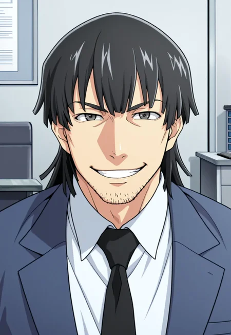solo, masterpiece, detailed, ultra hd, best quality, 1boy, male, official art, w0lfc0nf, modern, new
FDKurusu, black hair, stubble, black necktie, suit, white shirt, portrait, headshot, looking at viewer, smiling, office, desk, police station