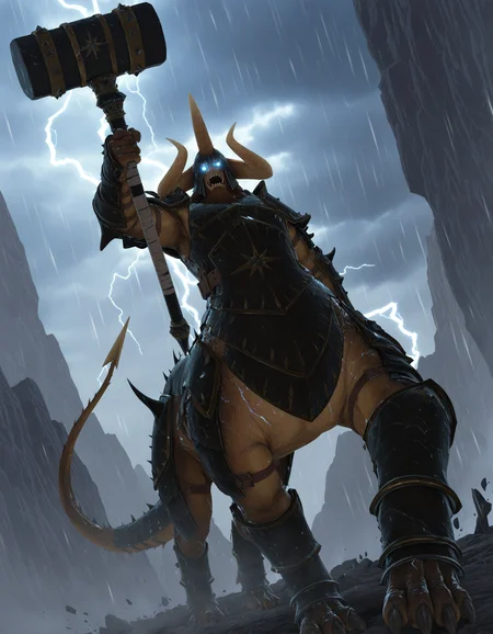 masterpiece, good quality, best quality, solo, 2d, anime, dutch angle, from below, lightning, storm, electricity, glowing eyes,
KholekSuneater, armor, male focus, horns, incoming attack, hammer,
<lora:KholekSuneater_Vpred:0.6>
