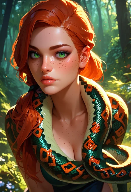 score_9, score_8_up, score_7_up, 
Redhead, snake on shoulder, freckles, ponytail, beautiful eyes, leaning forward, forest,
hkmagic