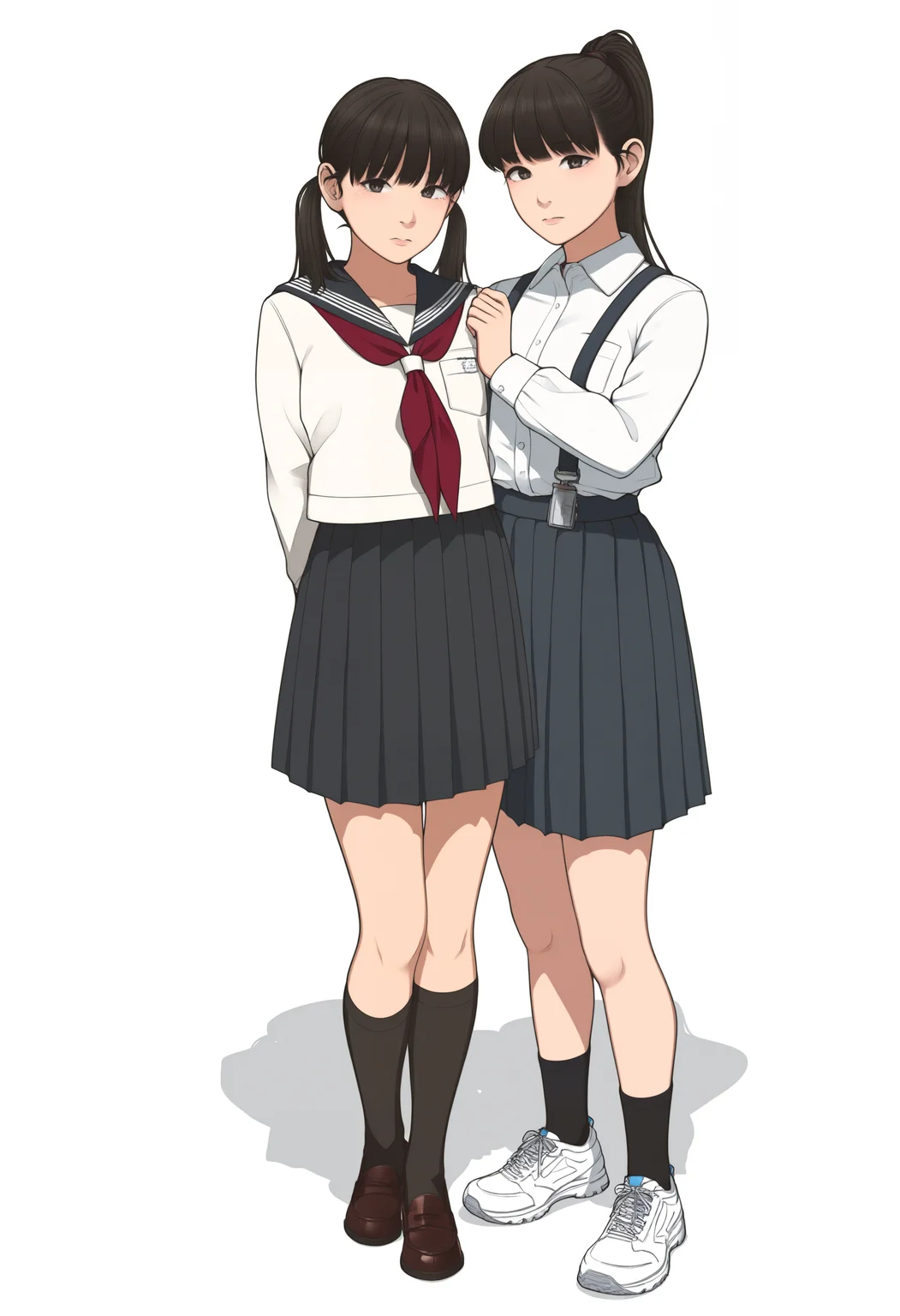 masterpiece, highres, absurdres, newest, very awa, 2girls, multiple girls, school uniform, skirt, serafuku, shoes, socks, twintails, suspenders, white background, pleated skirt, ponytail, red neckerchief, white footwear, black hair, <lora:backfischalter>