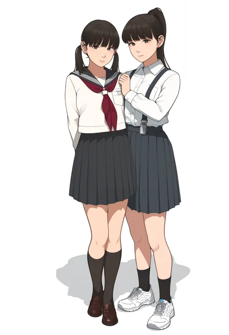 masterpiece, highres, absurdres, newest, very awa, 2girls, multiple girls, school uniform, skirt, serafuku, shoes, socks, twintails, suspenders, white background, pleated skirt, ponytail, red neckerchief, white footwear, black hair, <lora:backfischalter>