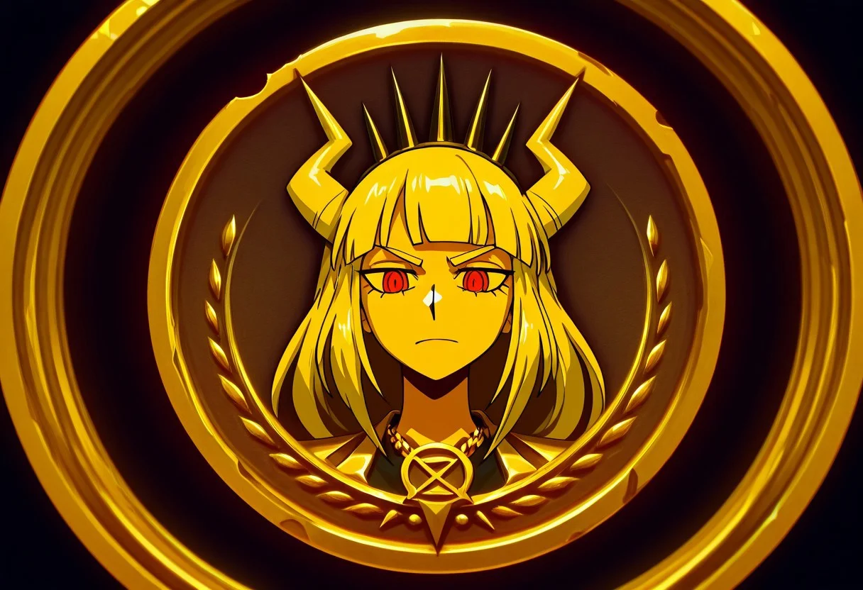 masterpiece, best quality, newest, absurdres, highres, anime, anime style, TheC0in-golden, gold, golden coin, coin, TheC0in, 
1girl, lucifer \(helltaker\),