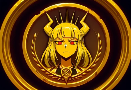 masterpiece, best quality, newest, absurdres, highres, anime, anime style, TheC0in-golden, gold, golden coin, coin, TheC0in,
1girl, lucifer \(helltaker\),