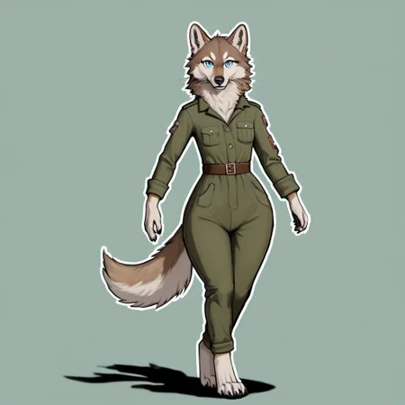 score_9, score_8_up, score_7_up, source_furry, detailed face, detailed eyes, incredible detail BREAK 1girl, solo, anthro, wide shot (furry female, wolf, light brown fur, monotone fur, light blue eyes,slightly wide hips, small breasts), black nose, whiskers, ear flop, solo, looking at viewer, telegramstickerxl, white outline, drop shadow, simple background, green background, telegram sticker, cartoon style, full body, hunter outfit, archer