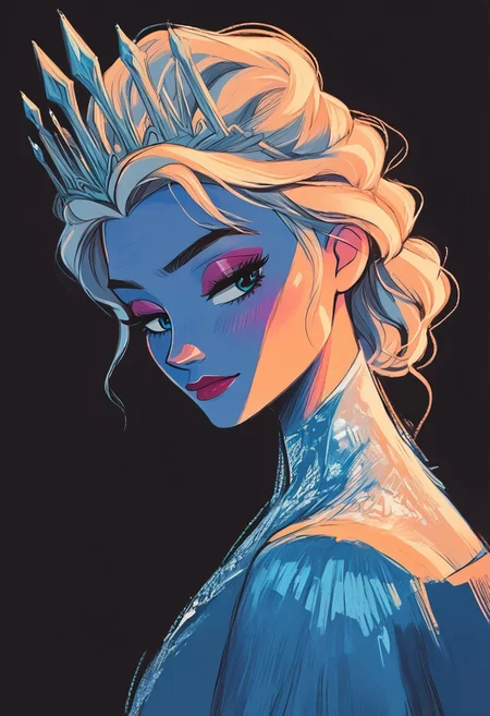 score_9, score_8_up, score_7_up, score_6_up, aesthetic, s1_dram, ncpy13 style,ElsaXPL, pastels drawing, deep black background, Using deep blue, silver and black colors create A beautiful young woman dressed as the queen of ice sits on a throne made entirely of ice. She's wearing a flowing blue dress with silver accents and has a crown made of tiny icicles perched atop her head. The style is a dark fantasy setting, upperbody portrait, elegant, intricate details.