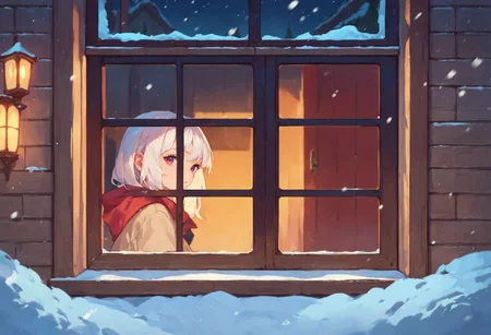 score_9_up score_8_up score_7_up, source_anime, 1girl, white hair, looking at viewer, from outside window, night, snow, from side
<lora:from_outside_window_24re_pony_2_d4:1>