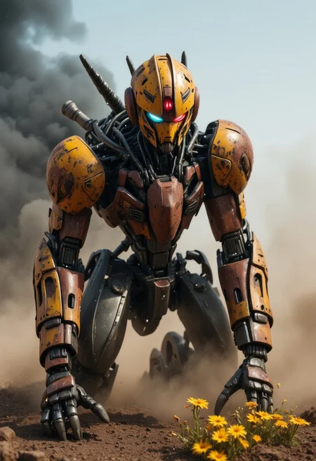 The gundam is rusted and broken, exposed wires and mechanic parts are sparking and on fire, one of the Gundams eyes glows red and the rest of its face is damaged. The gundam is missing an arm and kneels on a deserted battlefield. dust, debris and smoke surround the gundam. yellow flowers grow in the dirt