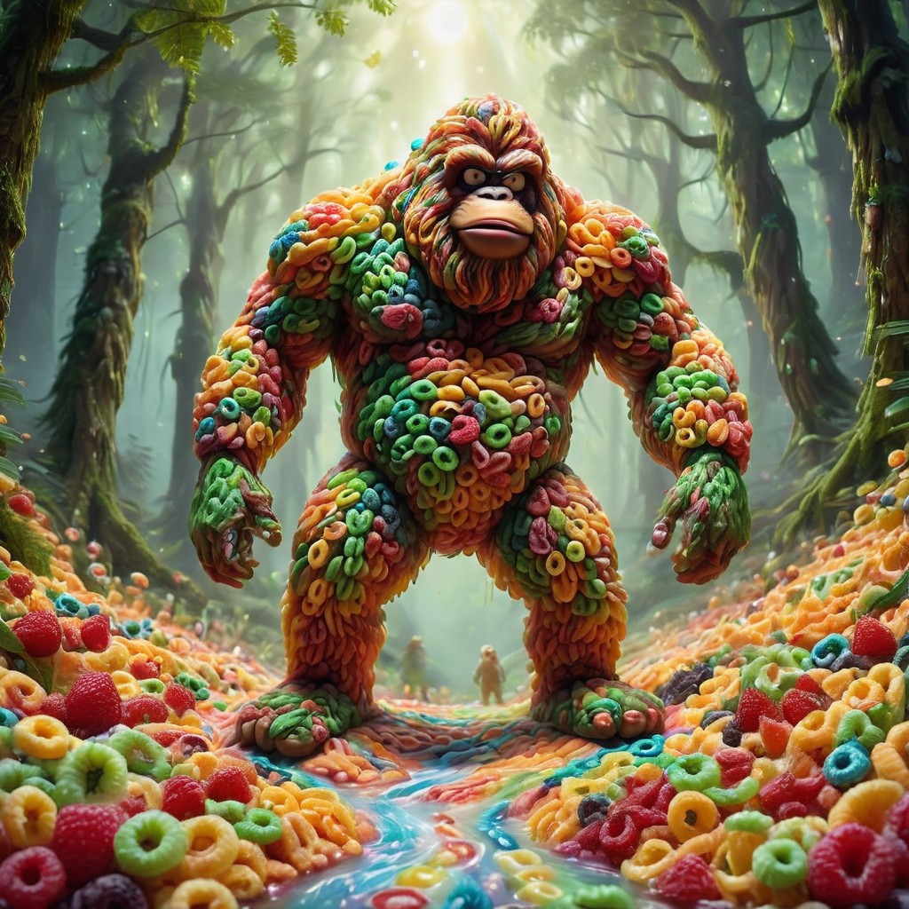 A bigfoot made of fruit loops, moon made of milk, forest made of fruit loops, masterpiece, dramatic lighting, very intricate, high detail , epic detail, ultra-realism , ultra detailed