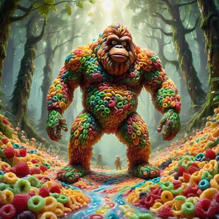 A bigfoot made of fruit loops, moon made of milk, forest made of fruit loops, masterpiece, dramatic lighting, very intricate, high detail , epic detail, ultra-realism , ultra detailed