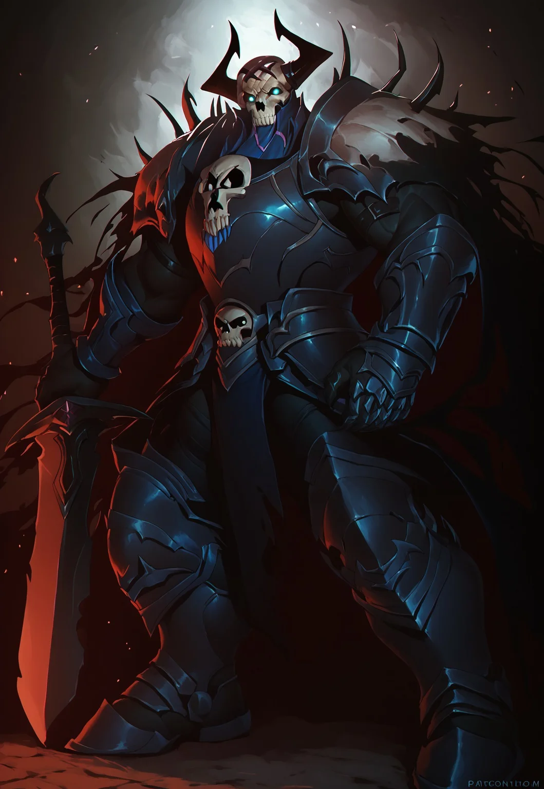 score_9, score_8_up, score_7_up, solo, 1boy, king_h@ss@n, demon, skull head, horns, black skin, glow blue eyes, armor, muscular, standing, holding sword,